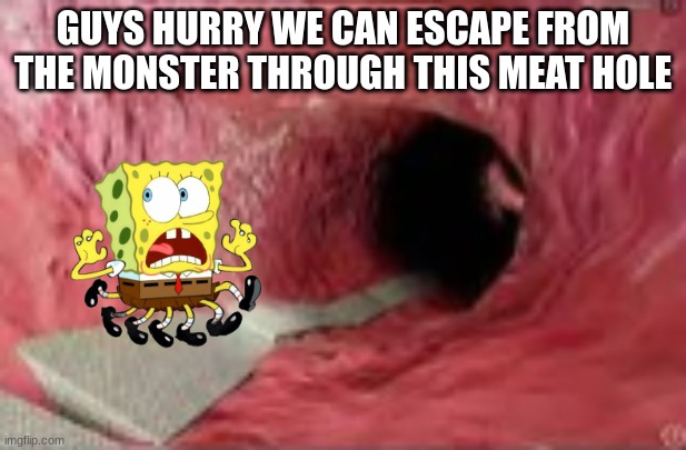 GUYS HURRY WE CAN ESCAPE FROM THE MONSTER THROUGH THIS MEAT HOLE | made w/ Imgflip meme maker