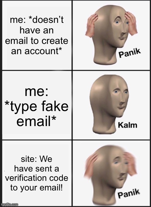 Painful, but true |  me: *doesn’t have an email to create an account*; me: *type fake email*; site: We have sent a verification code to your email! | image tagged in memes,panik kalm panik,funny,brazil,brasil,email | made w/ Imgflip meme maker
