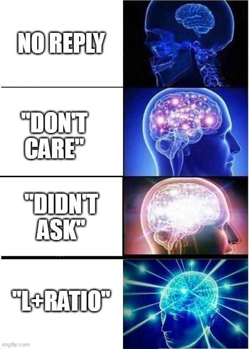 i do the last one alot | NO REPLY; "DON'T CARE"; "DIDN'T ASK"; "L+RATIO" | image tagged in memes,expanding brain | made w/ Imgflip meme maker