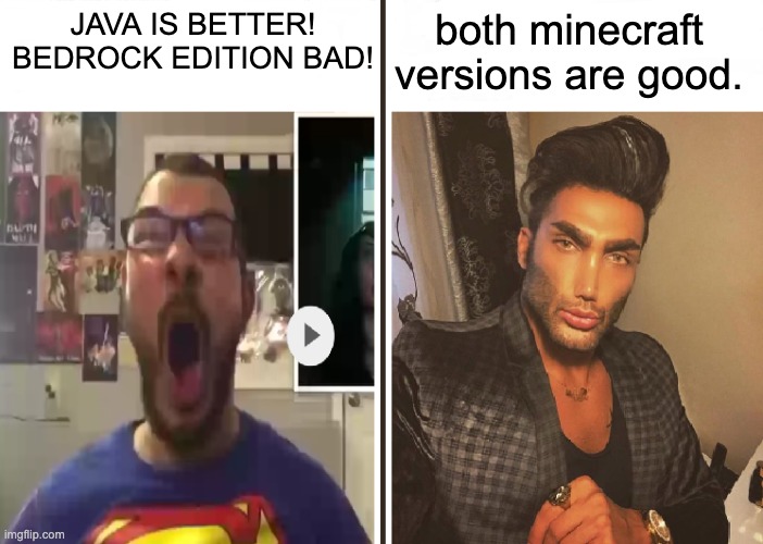 Both Versions are Good. | both minecraft versions are good. JAVA IS BETTER! BEDROCK EDITION BAD! | image tagged in average fan vs average enjoyer,minecraft | made w/ Imgflip meme maker