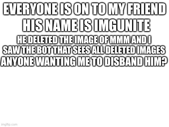 mmm deeper ah dude is unite? | HIS NAME IS IMGUNITE; EVERYONE IS ON TO MY FRIEND; HE DELETED THE IMAGE OF MMM AND I SAW THE BOT THAT SEES ALL DELETED IMAGES; ANYONE WANTING ME TO DISBAND HIM? | image tagged in blank white template | made w/ Imgflip meme maker
