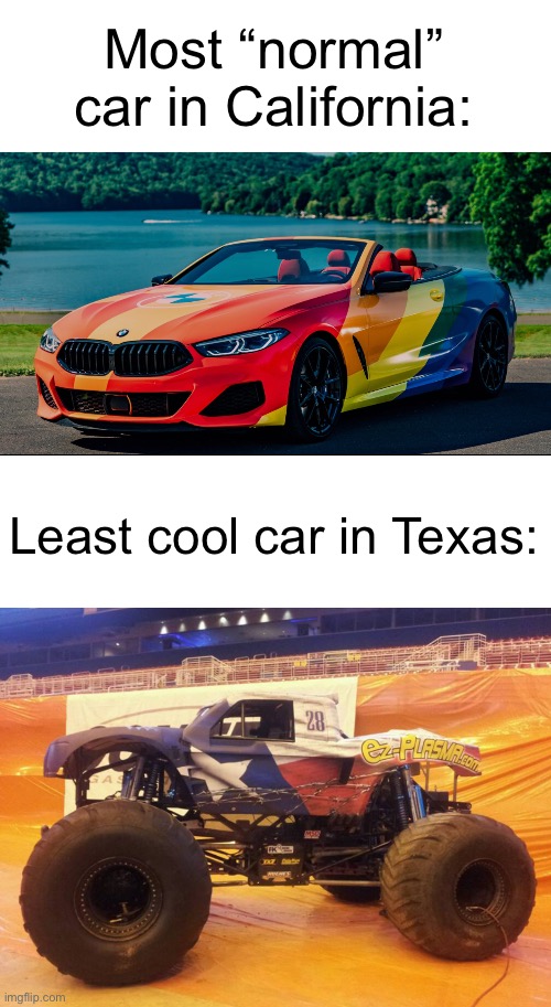 Most “normal” car in California:; Least cool car in Texas: | made w/ Imgflip meme maker