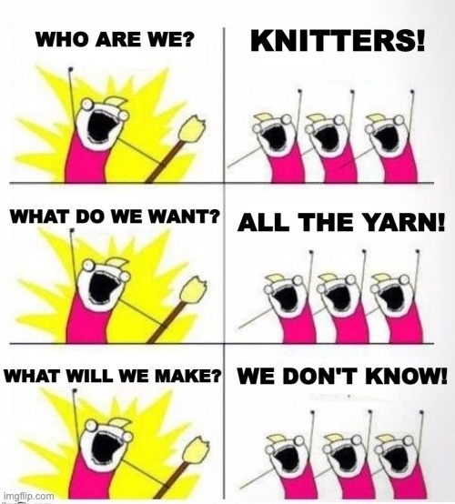 All The Yarn | KNITTERS! WHO ARE WE? WHAT DO WE WANT? ALL THE YARN! WE DON'T KNOW! WHAT WILL WE MAKE? | image tagged in who are we | made w/ Imgflip meme maker