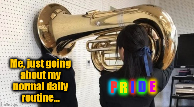 Horn Pride |  Me, just going
about my
normal daily
routine... R; P; I; E; D | image tagged in pride,tuba,horn | made w/ Imgflip meme maker