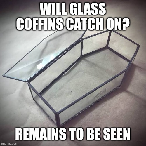 Glass coffin | WILL GLASS COFFINS CATCH ON? REMAINS TO BE SEEN | image tagged in dad joke,dad jokes,dark humor,puns,joke,funeral | made w/ Imgflip meme maker