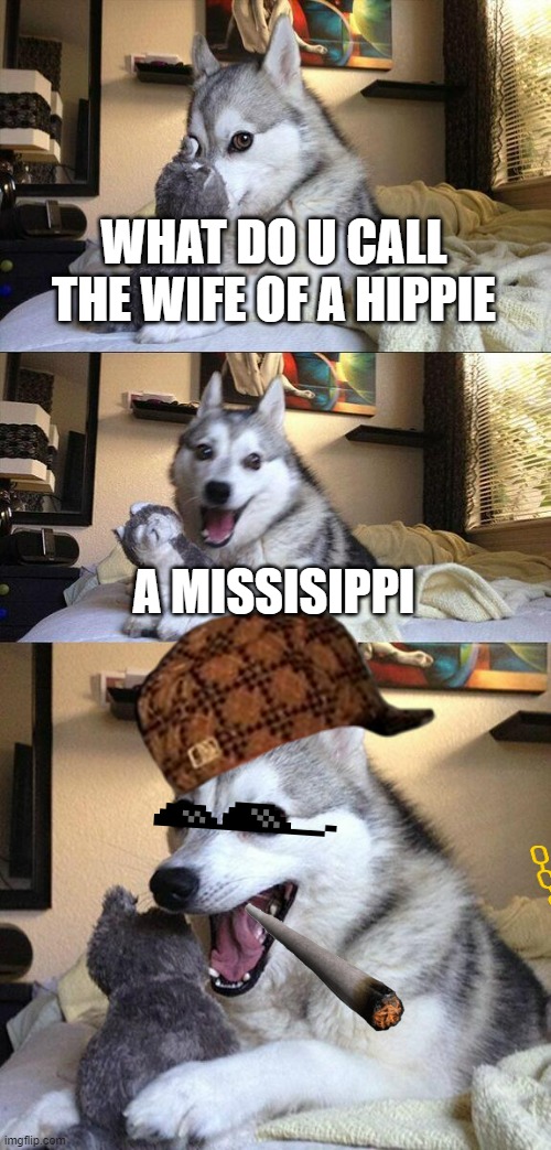 hippie | WHAT DO U CALL THE WIFE OF A HIPPIE; A MISSISIPPI | image tagged in memes,bad pun dog | made w/ Imgflip meme maker