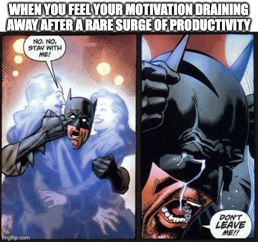 Batman don't leave me | WHEN YOU FEEL YOUR MOTIVATION DRAINING AWAY AFTER A RARE SURGE OF PRODUCTIVITY | image tagged in batman don't leave me,adhdmeme | made w/ Imgflip meme maker