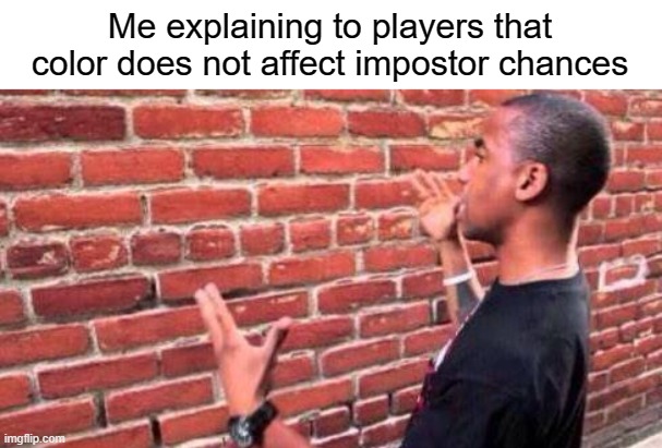 Brick Wall | Me explaining to players that color does not affect impostor chances | image tagged in brick wall,among us | made w/ Imgflip meme maker