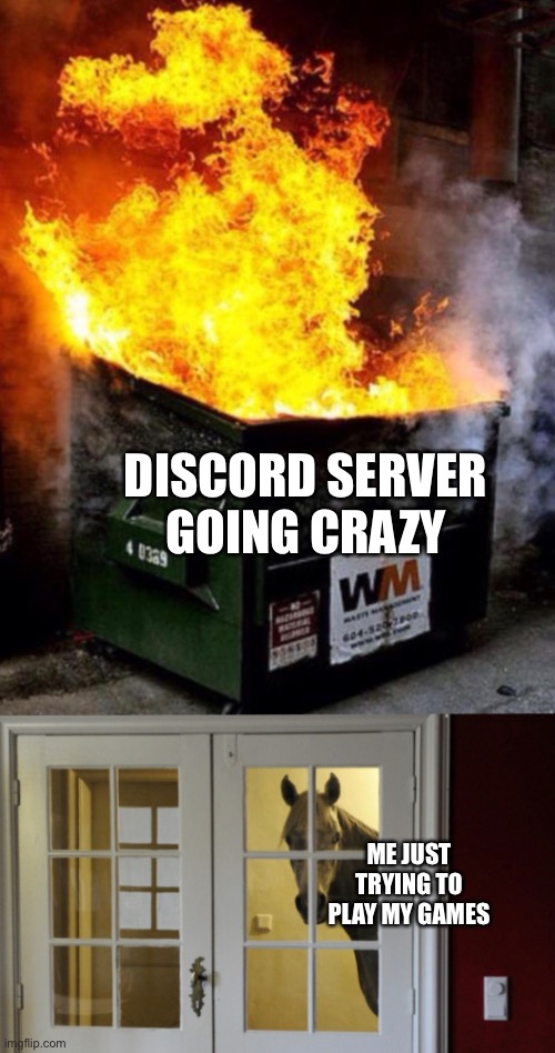 Dumpster fire horse |  DISCORD SERVER GOING CRAZY; ME JUST TRYING TO PLAY MY GAMES | image tagged in fire,horse,trash fire,dumpster fire | made w/ Imgflip meme maker
