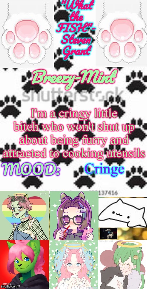 Breezy-Mint | I'm a cringy little bitch who won't shut up about being furry and attracted to cooking utensils; Cringe | image tagged in breezy-mint | made w/ Imgflip meme maker