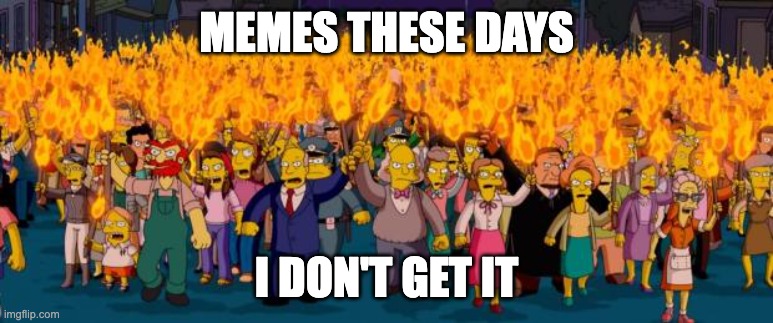 Simpsons angry mob torches | MEMES THESE DAYS I DON'T GET IT | image tagged in simpsons angry mob torches | made w/ Imgflip meme maker
