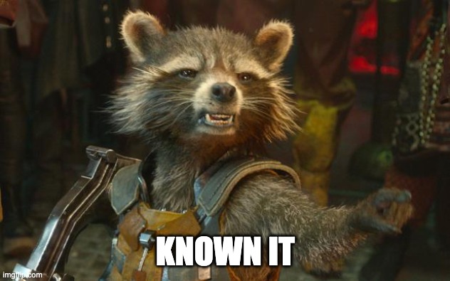 Rocket Raccoon | KNOWN IT | image tagged in rocket raccoon | made w/ Imgflip meme maker