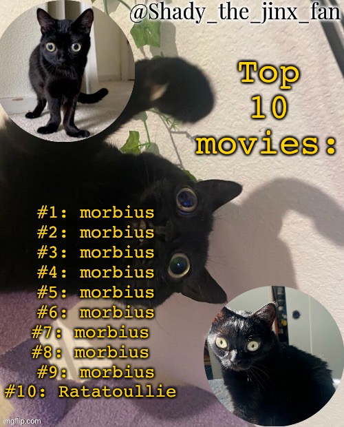   | Top 10 movies:; #1: morbius
#2: morbius
#3: morbius
#4: morbius
#5: morbius
#6: morbius
#7: morbius 
#8: morbius 
#9: morbius
#10: Ratatoullie | image tagged in shady s jinx temp once agaun thanks ishowsun | made w/ Imgflip meme maker