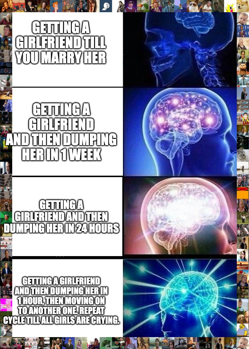 Expanding Brain Meme | GETTING A GIRLFRIEND TILL YOU MARRY HER; GETTING A GIRLFRIEND AND THEN DUMPING HER IN 1 WEEK; GETTING A GIRLFRIEND AND THEN DUMPING HER IN 24 HOURS; GETTING A GIRLFRIEND AND THEN DUMPING HER IN 1 HOUR, THEN MOVING ON TO ANOTHER ONE. REPEAT CYCLE TILL ALL GIRLS ARE CRYING. | image tagged in memes,expanding brain | made w/ Imgflip meme maker