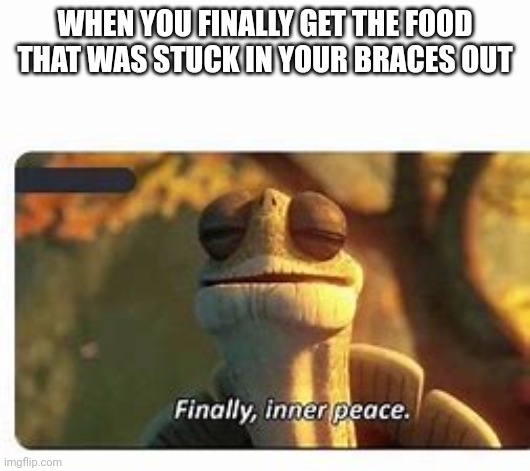 Can anyone relate? | WHEN YOU FINALLY GET THE FOOD THAT WAS STUCK IN YOUR BRACES OUT | image tagged in finally inner peace | made w/ Imgflip meme maker