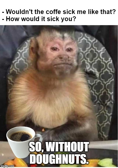 The coffee will make me sick | - Wouldn't the coffe sick me like that?
- How would it sick you? SO, WITHOUT DOUGHNUTS. | image tagged in disappointed little monkey | made w/ Imgflip meme maker