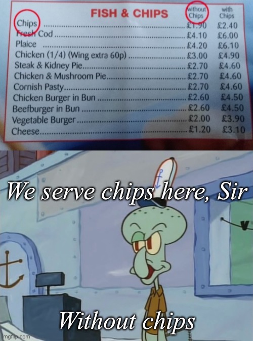 Chips without chips | We serve chips here, Sir; Without chips | image tagged in we serve food here sir,krusty krab,chips | made w/ Imgflip meme maker