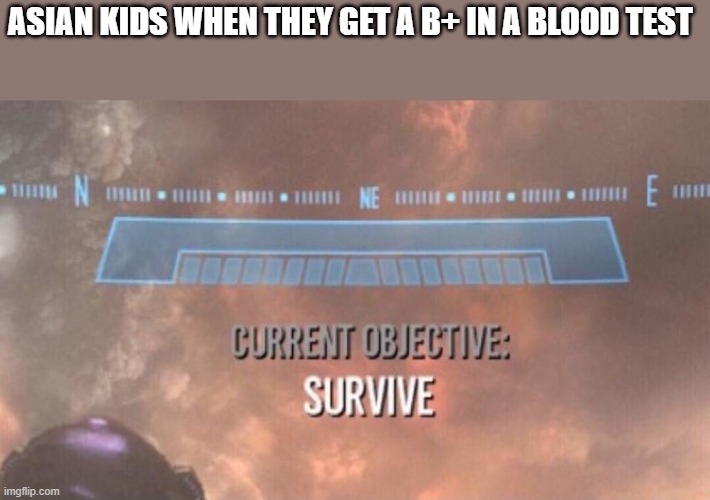 it's even better that in the halo reach (the game this meme came from) you cannot complete the objective | ASIAN KIDS WHEN THEY GET A B+ IN A BLOOD TEST | image tagged in current objective survive | made w/ Imgflip meme maker