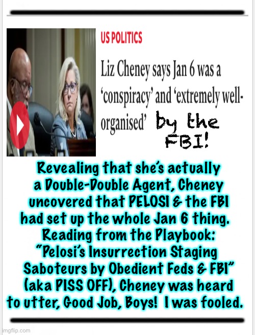 Liz  BLOWS THE LID OFF THE SUCKA | by the
FBI! Revealing that she’s actually
a Double-Double Agent, Cheney
uncovered that PELOSI & the FBI
had set up the whole Jan 6 thing.  
Reading from the Playbook:
“Pelosi’s Insurrection Staging 
Saboteurs by Obedient Feds & FBI”
(aka PISS OFF), Cheney was heard
to utter, Good Job, Boys!  I was fooled. | image tagged in memes,jan six,we all know that the lefty election thieves did it,own up to it,two brilliant plans in a row,fjb n fjb voters | made w/ Imgflip meme maker