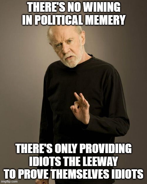 George Carlin | THERE'S NO WINING IN POLITICAL MEMERY; THERE'S ONLY PROVIDING IDIOTS THE LEEWAY TO PROVE THEMSELVES IDIOTS | image tagged in george carlin | made w/ Imgflip meme maker
