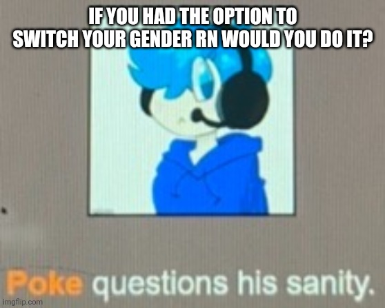 Poke questions his sanity | IF YOU HAD THE OPTION TO SWITCH YOUR GENDER RN WOULD YOU DO IT? | image tagged in poke questions his sanity | made w/ Imgflip meme maker