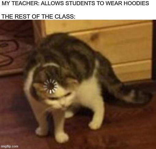 Hold up... | MY TEACHER: ALLOWS STUDENTS TO WEAR HOODIES; THE REST OF THE CLASS: | image tagged in loading cat | made w/ Imgflip meme maker