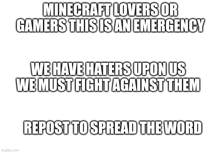 E | MINECRAFT LOVERS OR GAMERS THIS IS AN EMERGENCY; WE HAVE HATERS UPON US WE MUST FIGHT AGAINST THEM; REPOST TO SPREAD THE WORD | image tagged in funny memes | made w/ Imgflip meme maker