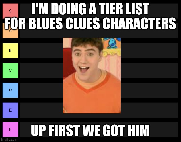 im thinking c tier | I'M DOING A TIER LIST FOR BLUES CLUES CHARACTERS; UP FIRST WE GOT HIM | made w/ Imgflip meme maker