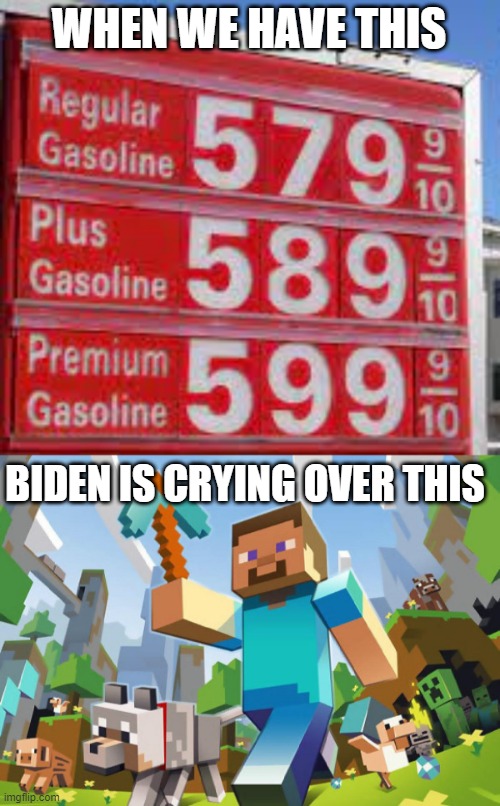 I also hate Minecraft, but I don't care what he thinks, and neither does the rest of imgflip | WHEN WE HAVE THIS; BIDEN IS CRYING OVER THIS | image tagged in high gas price sign,minecraft,biden,memes | made w/ Imgflip meme maker