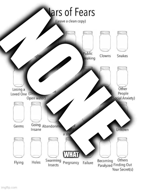 UPDATED | NONE; WHAT | image tagged in jar of fears clear version | made w/ Imgflip meme maker