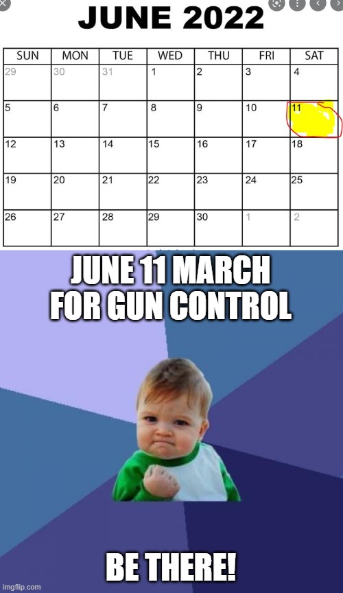 Be there or be square!!! | JUNE 11 MARCH FOR GUN CONTROL; BE THERE! | image tagged in memes,success kid,politics,gun control,march | made w/ Imgflip meme maker