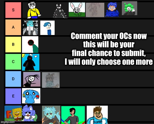 Comment your OCs now
this will be your final chance to submit, I will only choose one more | made w/ Imgflip meme maker