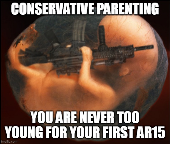 Never too young for your first AR 15. | CONSERVATIVE PARENTING; YOU ARE NEVER TOO YOUNG FOR YOUR FIRST AR15 | image tagged in fetus gun,ar15,gqp,conservative parenting | made w/ Imgflip meme maker