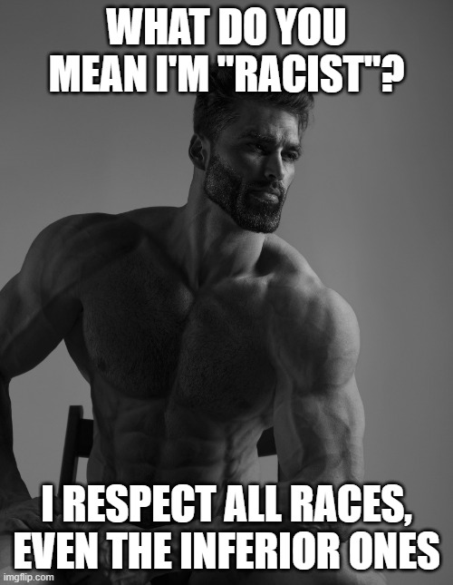 Giga Chad | WHAT DO YOU MEAN I'M "RACIST"? I RESPECT ALL RACES, EVEN THE INFERIOR ONES | image tagged in giga chad | made w/ Imgflip meme maker