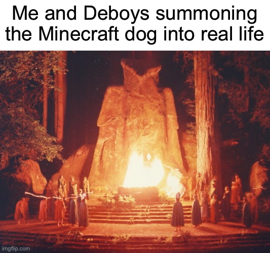 Bohemian Grove Sacrifice Ritual to Minerva Owl | Me and Deboys summoning the Minecraft dog into real life | image tagged in bohemian grove sacrifice ritual to minerva owl | made w/ Imgflip meme maker