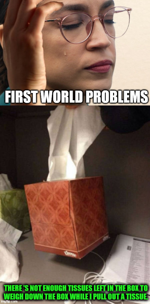 FIRST WORLD PROBLEMS; THERE 'S NOT ENOUGH TISSUES LEFT IN THE BOX TO
WEIGH DOWN THE BOX WHILE I PULL OUT A TISSUE. | image tagged in aoc tears - first world problems cross-over template | made w/ Imgflip meme maker