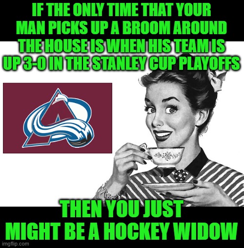 Congratulations Colorado! Great season Edmonton, you played it tough. | IF THE ONLY TIME THAT YOUR MAN PICKS UP A BROOM AROUND THE HOUSE IS WHEN HIS TEAM IS UP 3-0 IN THE STANLEY CUP PLAYOFFS; THEN YOU JUST MIGHT BE A HOCKEY WIDOW | image tagged in 1950s housewife,colorado avalanche,stanley cup | made w/ Imgflip meme maker