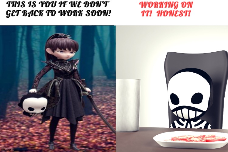 Su-Metal reminds Koba that the group's shutdown was his doing. | THIS IS YOU IF WE DON'T 
GET BACK TO WORK SOON! WORKING ON
IT!  HONEST! | image tagged in babymetal,su-metal,kobametal | made w/ Imgflip meme maker