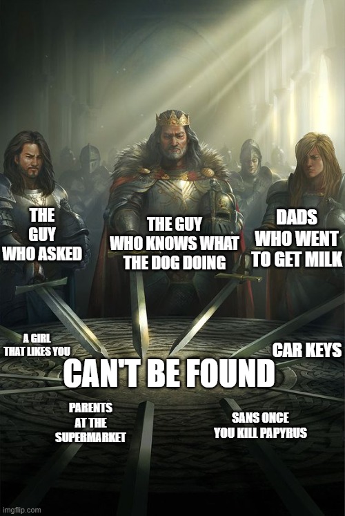 can't be found | THE GUY WHO ASKED; DADS WHO WENT TO GET MILK; THE GUY WHO KNOWS WHAT THE DOG DOING; CAN'T BE FOUND; A GIRL THAT LIKES YOU; CAR KEYS; PARENTS AT THE SUPERMARKET; SANS ONCE YOU KILL PAPYRUS | image tagged in knights of the round table | made w/ Imgflip meme maker