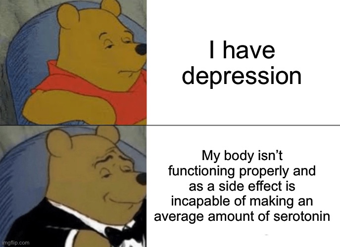 Eyyyy, I’m still going on my journey. | I have depression; My body isn’t functioning properly and as a side effect is incapable of making an average amount of serotonin | image tagged in memes,tuxedo winnie the pooh,freeeeeedom lady | made w/ Imgflip meme maker
