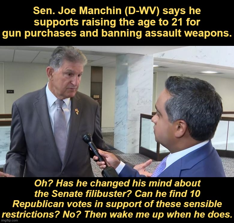 Manchin (v.) - To posture and virtue-signal, esp. while children are dying. | Sen. Joe Manchin (D-WV) says he supports raising the age to 21 for gun purchases and banning assault weapons. Oh? Has he changed his mind about the Senate filibuster? Can he find 10 Republican votes in support of these sensible restrictions? No? Then wake me up when he does. | image tagged in joe manchin interviewed,joe manchin,mass shootings,mass shooting,school shootings,school shooting | made w/ Imgflip meme maker