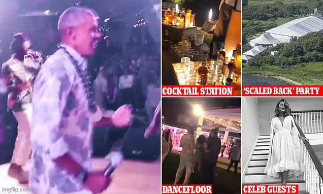 The Obama Party is for out-of-touch Leftist elites, and features a cocktail station, dancefloor, "scaled-back" tent, celebs | image tagged in barack obama birthday party | made w/ Imgflip meme maker