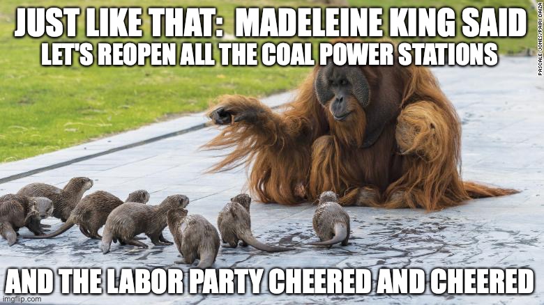 Just like that | JUST LIKE THAT:  MADELEINE KING SAID; LET'S REOPEN ALL THE COAL POWER STATIONS; AND THE LABOR PARTY CHEERED AND CHEERED | image tagged in just like that | made w/ Imgflip meme maker