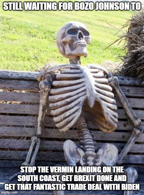 Waiting Skeleton | STILL WAITING FOR BOZO JOHNSON TO; STOP THE VERMIN LANDING ON THE SOUTH COAST, GET BREXIT DONE AND GET THAT FANTASTIC TRADE DEAL WITH BIDEN | image tagged in memes,waiting skeleton | made w/ Imgflip meme maker