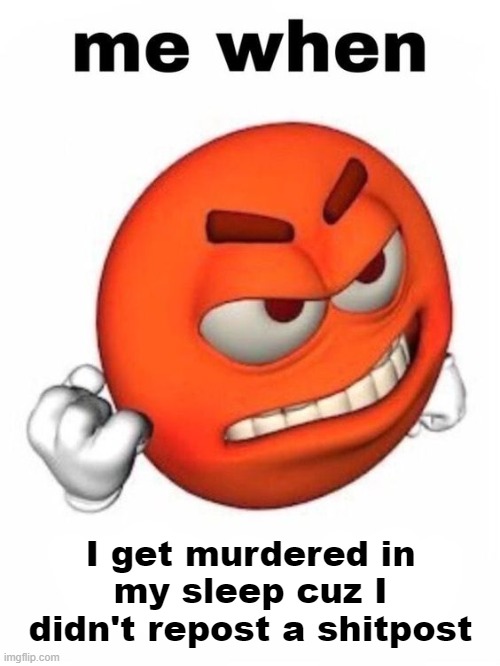 me when | I get murdered in my sleep cuz I didn't repost a shitpost | image tagged in me when | made w/ Imgflip meme maker