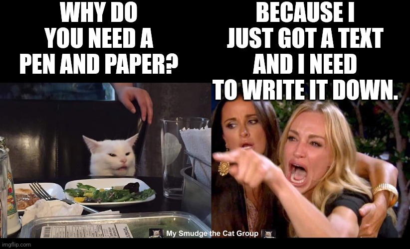 WHY DO YOU NEED A PEN AND PAPER? BECAUSE I JUST GOT A TEXT AND I NEED TO WRITE IT DOWN. | image tagged in smudge the cat | made w/ Imgflip meme maker