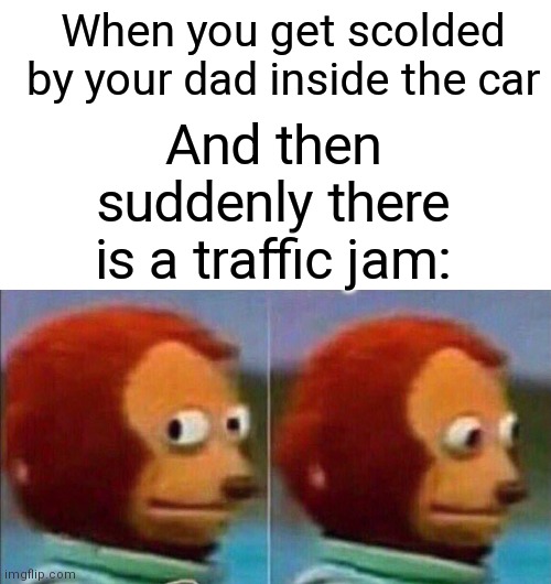 This feeling is very scary | And then suddenly there is a traffic jam:; When you get scolded by your dad inside the car | image tagged in monkey looking away | made w/ Imgflip meme maker