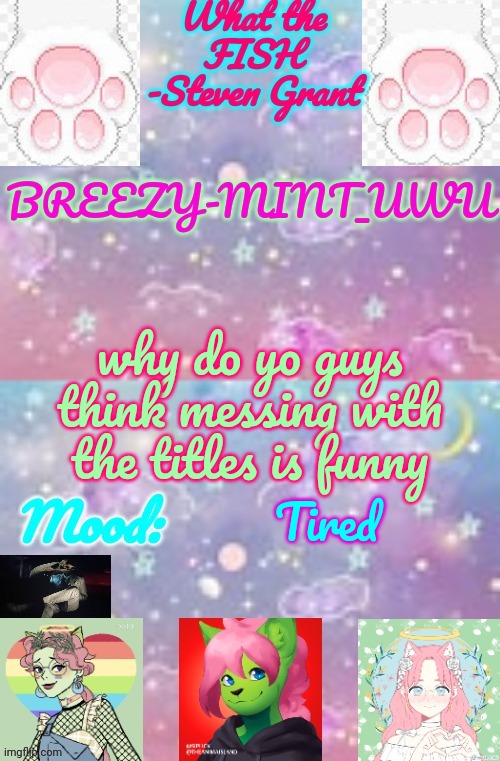 Breezy-Mint_UwU | why do yo guys think messing with the titles is funny; Tired | image tagged in breezy-mint_uwu | made w/ Imgflip meme maker