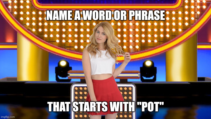 Name a word or phrase that starts with "pot" |  NAME A WORD OR PHRASE; THAT STARTS WITH "POT" | image tagged in game show,funny,memes,family feud,survey says,sarah pribis | made w/ Imgflip meme maker