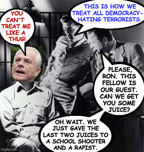 Good cop, good cop. | THIS IS HOW WE
TREAT ALL DEMOCRACY-
  HATING TERRORISTS. YOU
  CAN'T
TREAT ME
  LIKE A
   THUG! PLEASE,
RON. THIS
FELLOW IS
OUR GUEST.
CAN WE GET
YOU SOME
JUICE? OH WAIT. WE
JUST GAVE THE
LAST TWO JUICES TO
A SCHOOL SHOOTER
AND A RAPIST. | image tagged in memes,peter navarro,terrorist,good cop good cop | made w/ Imgflip meme maker